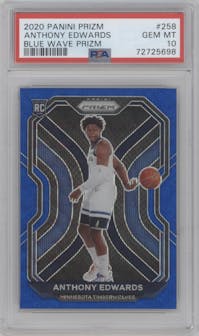 Anthony Edwards from the 2020-21 Panini Prizm set featuring a Blue Wave parallel graded by PSA and given an overall grade of 10.