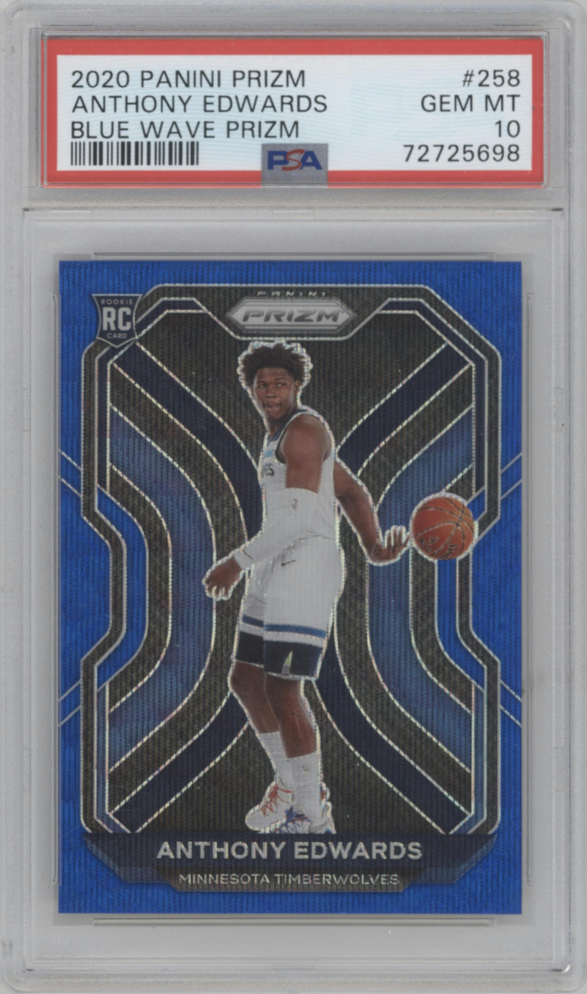 Anthony Edwards from the 2020-21 Panini Prizm set featuring a Blue Wave parallel graded by PSA and given an overall grade of 10.