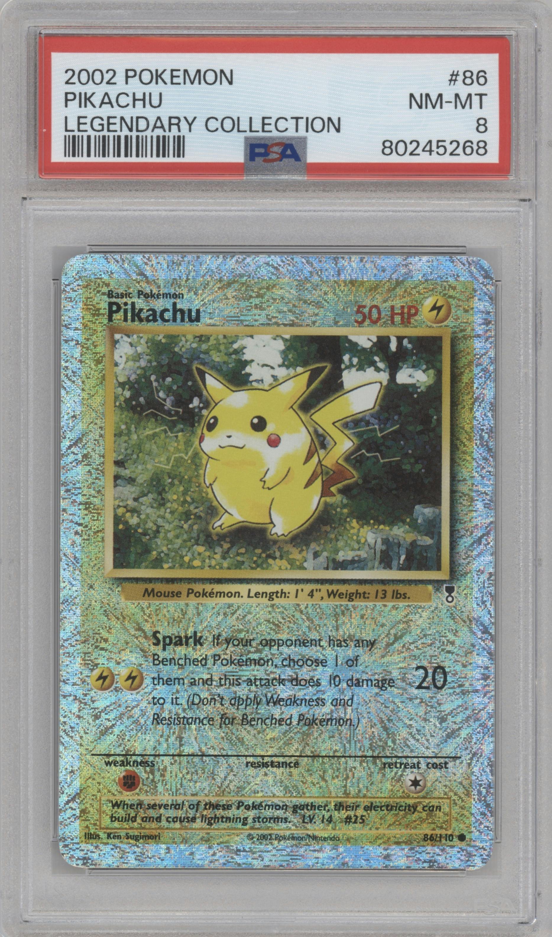 Pikachu from the 2002 Pokemon  set graded by PSA and given an overall grade of 8.