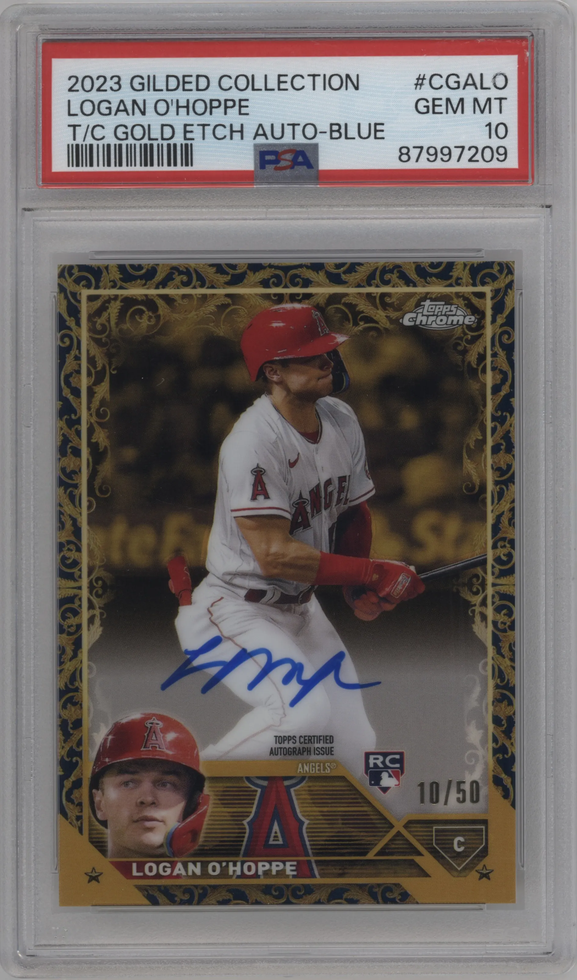2023 Topps Gilded Collection Gold Etch Auto Logan O'Hoppe Blue PSA 10