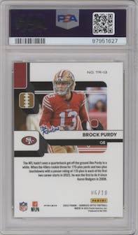 Brock Purdy from the 2022 Panini Donruss Optic set featuring a Gold parallel graded by PSA and given an overall grade of 9.