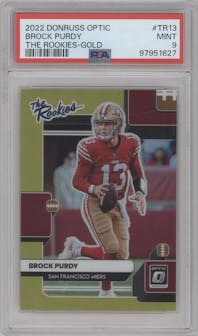 Brock Purdy from the 2022 Panini Donruss Optic set featuring a Gold parallel graded by PSA and given an overall grade of 9.