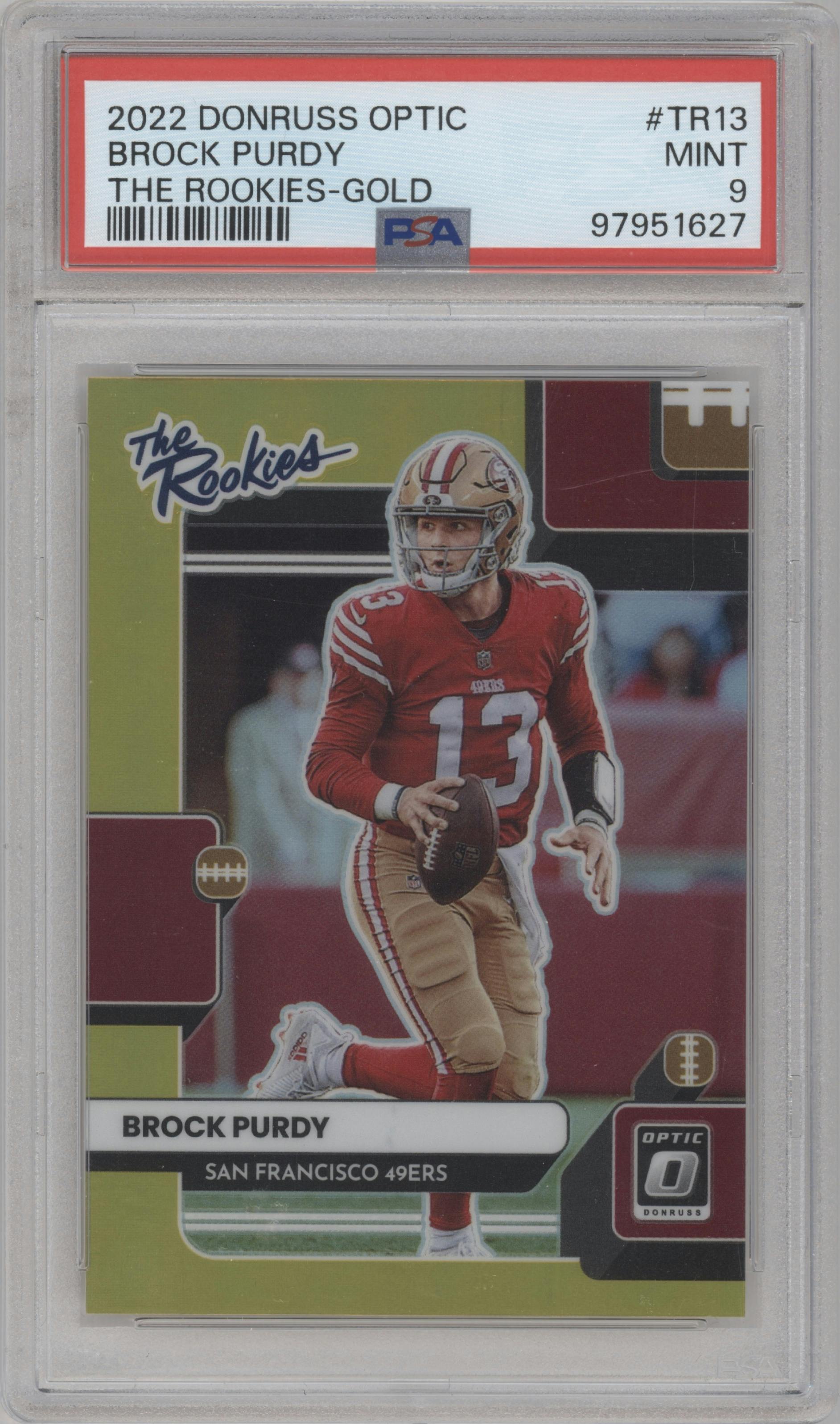 Brock Purdy from the 2022 Panini Donruss Optic set featuring a Gold parallel graded by PSA and given an overall grade of 9.