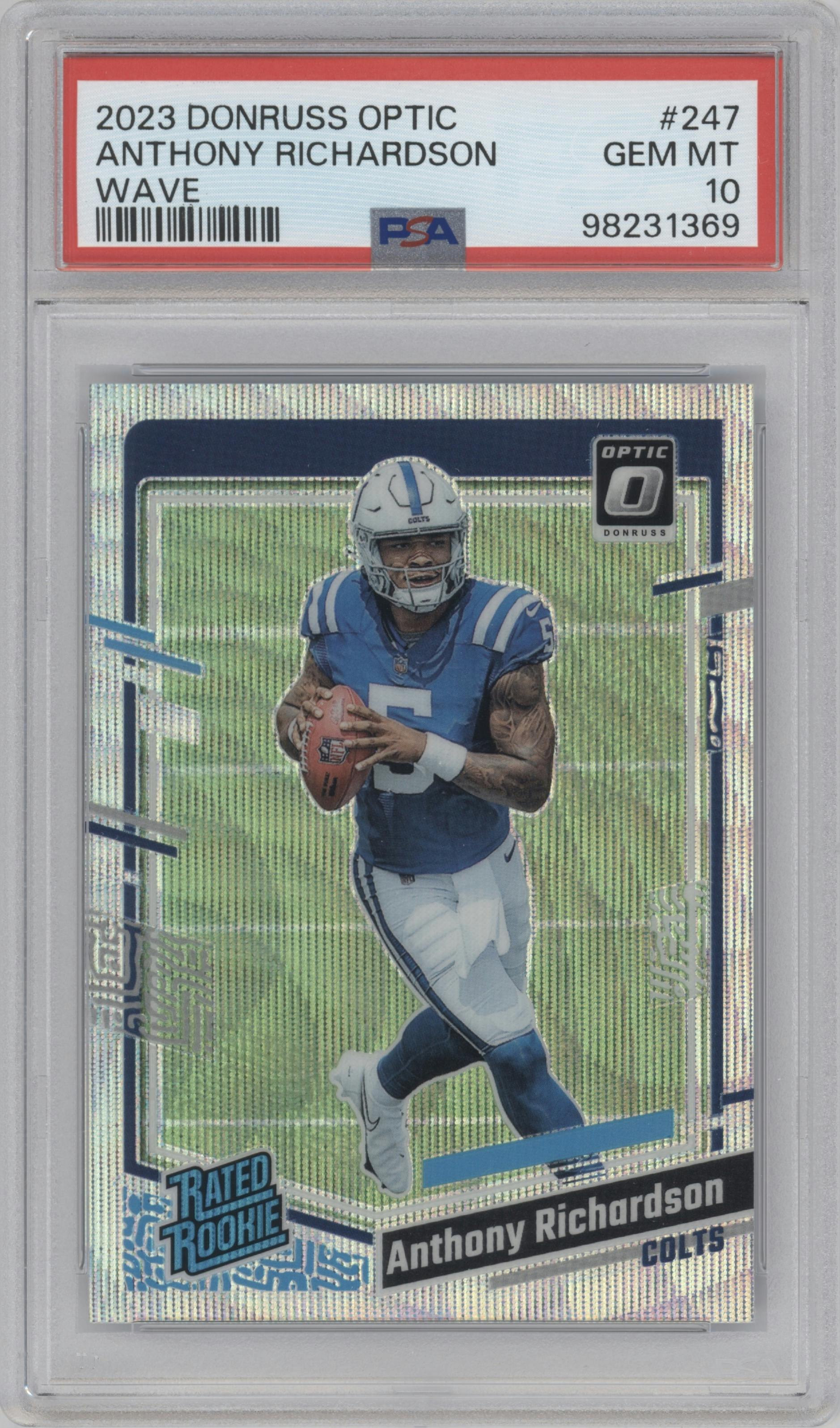 Anthony Richardson from the 2023 Donruss Optic set featuring a Wave parallel graded by PSA and given an overall grade of 10.
