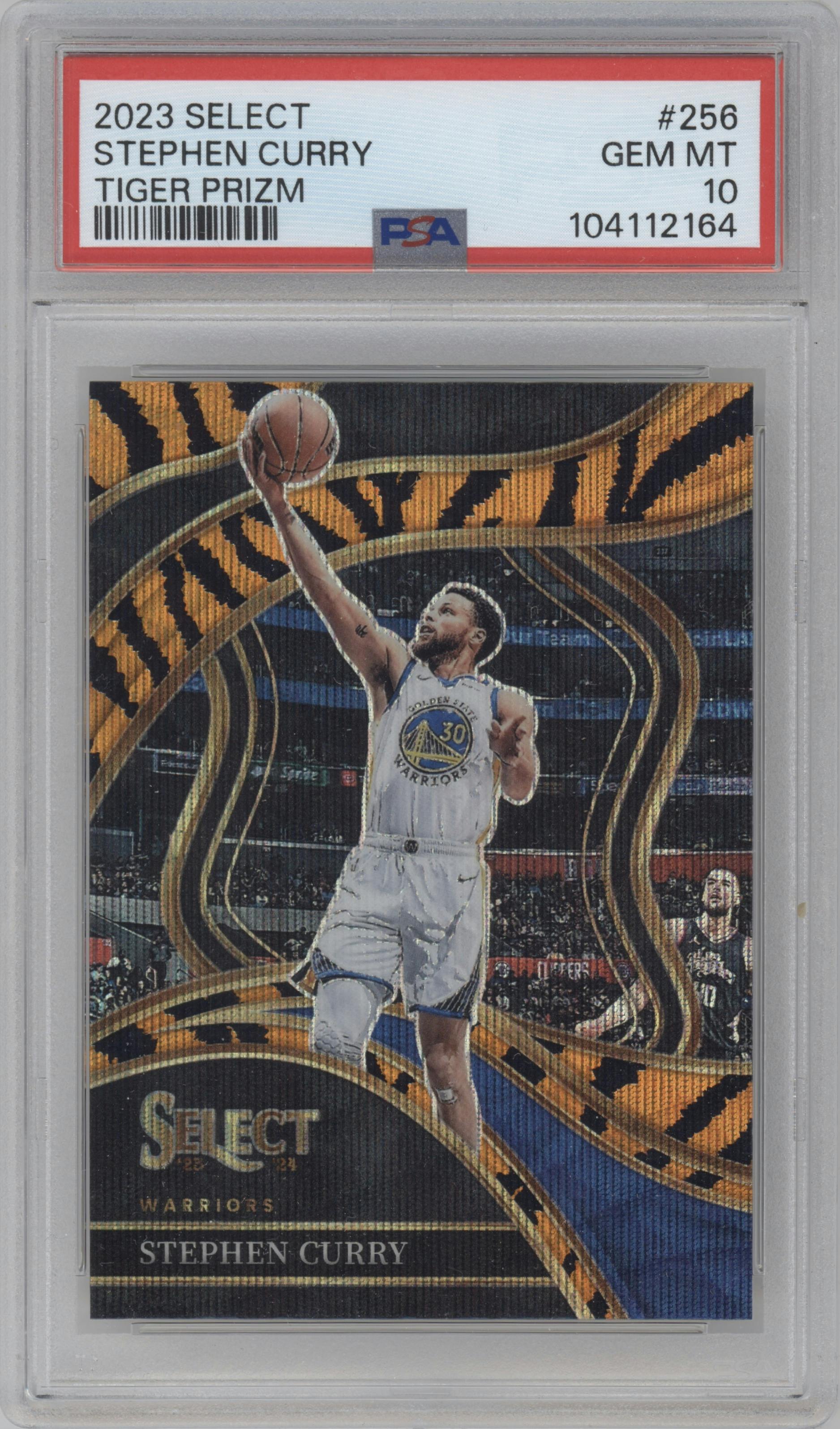 Stephen Curry from the 2023-24 Panini Select  set featuring a Tiger parallel graded by PSA and given an overall grade of 10.