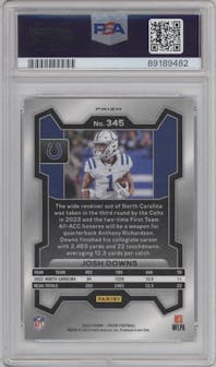Josh Downs from the 2023 Panini Prizm set featuring a Black/White Checker parallel graded by PSA and given an overall grade of 10.