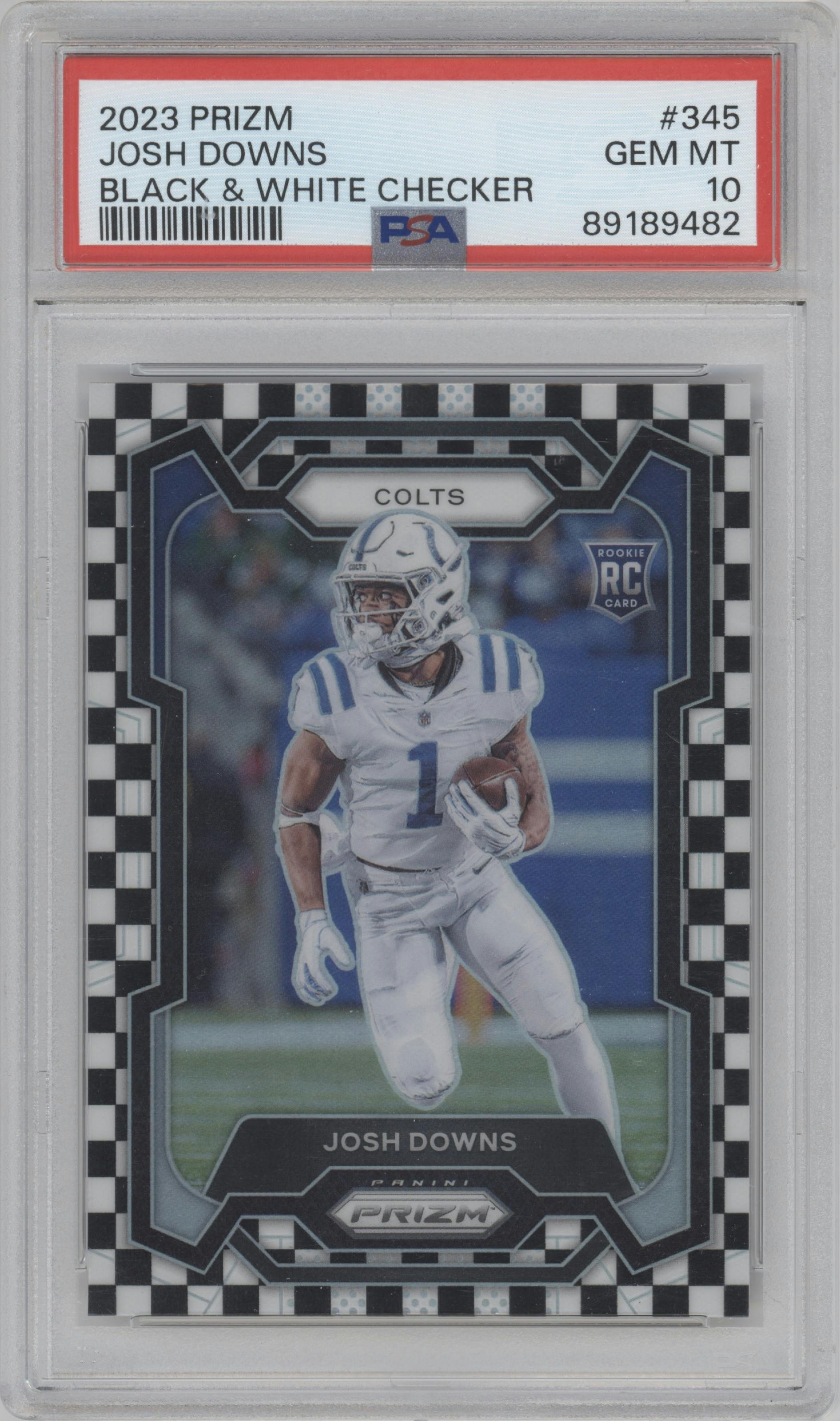 Josh Downs from the 2023 Panini Prizm set featuring a Black/White Checker parallel graded by PSA and given an overall grade of 10.