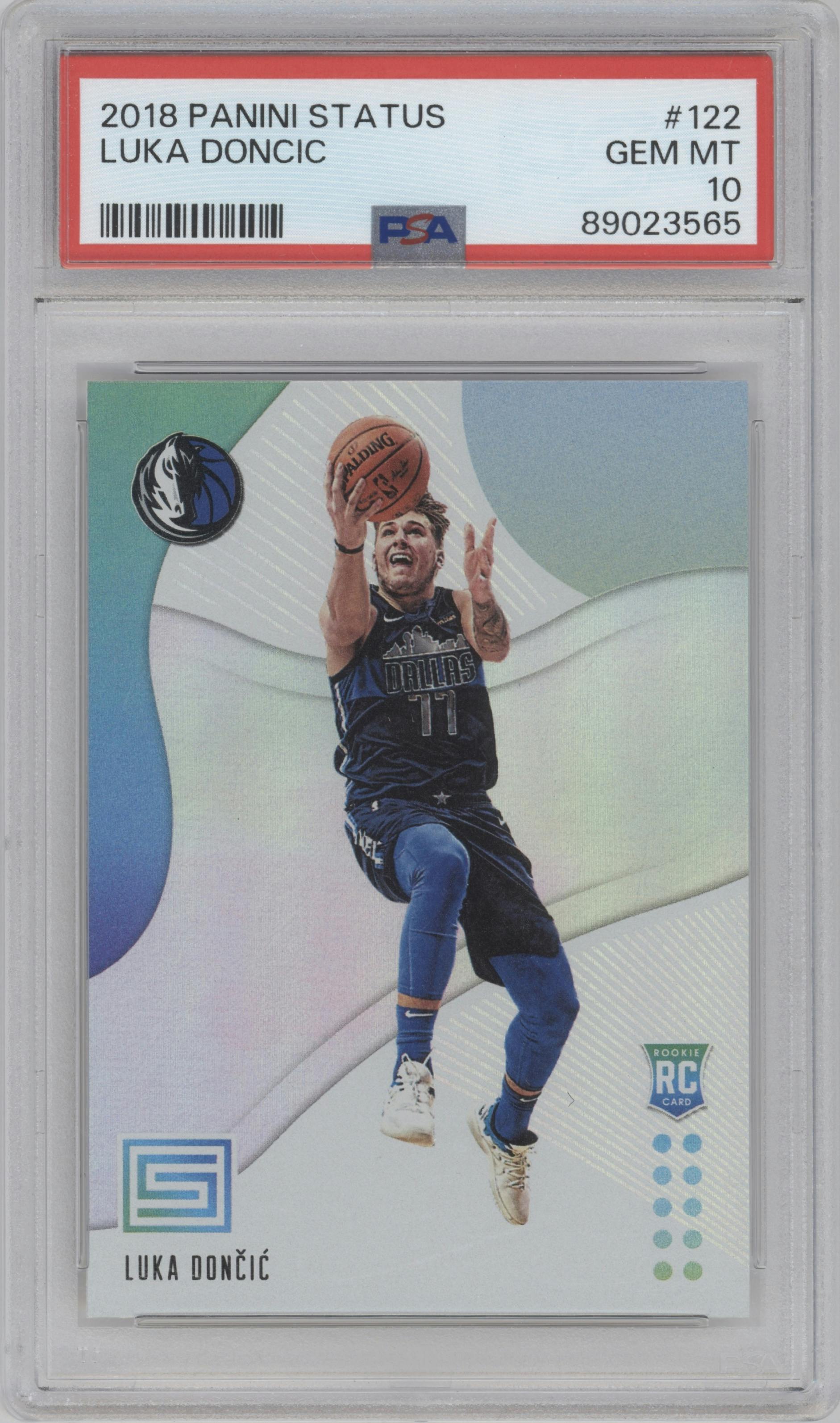 Luka Doncic from the 2018-19 Panini Status set graded by PSA and given an overall grade of 10.