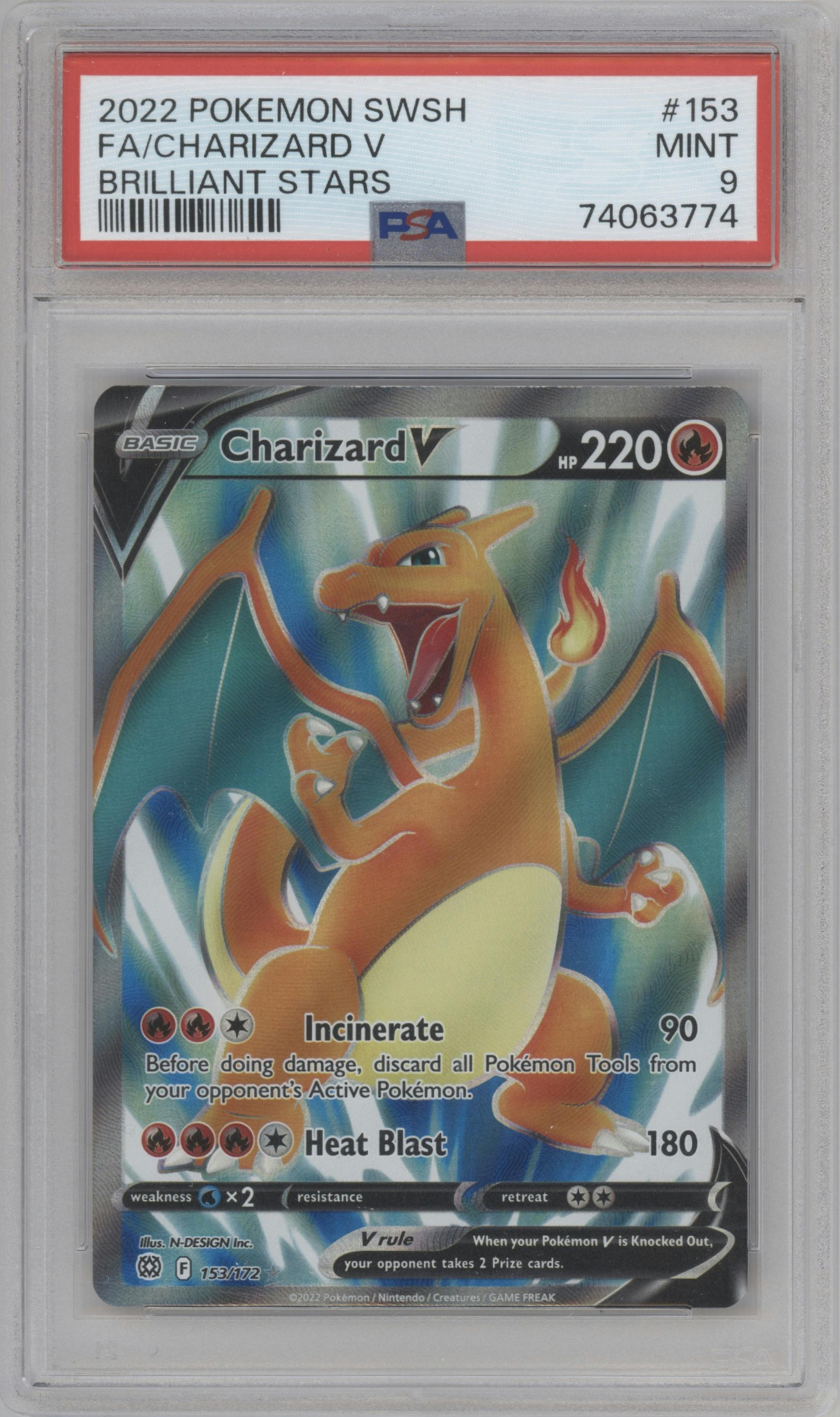 Charizard V from the 2022 Pokemon SWSH set graded by PSA and given an overall grade of 9.