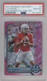 CJ Stroud from the 2021-22 Bowman University set featuring a Pink Refractor parallel graded by PSA and given an overall grade of 10.