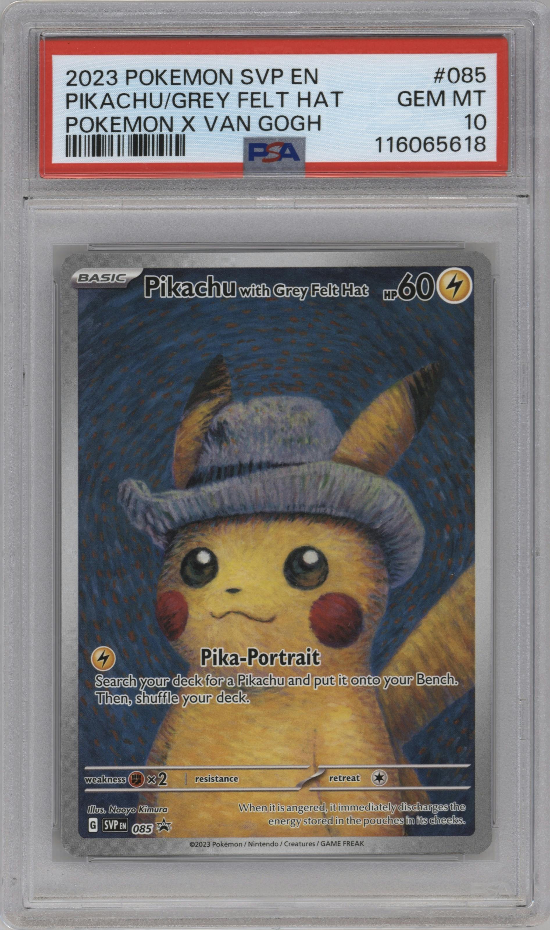 Pikachu with Grey Felt Hat from the 2023 Pokemon SV set featuring a Pokemon x Van Gogh parallel graded by PSA and given an overall grade of 10.