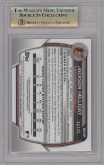 Jackson Holliday from the 2023 Bowman Chrome Mega Box set graded by Beckett and given an overall grade of 9.5.