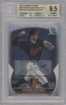 Jackson Holliday from the 2023 Bowman Chrome Mega Box set graded by Beckett and given an overall grade of 9.5.