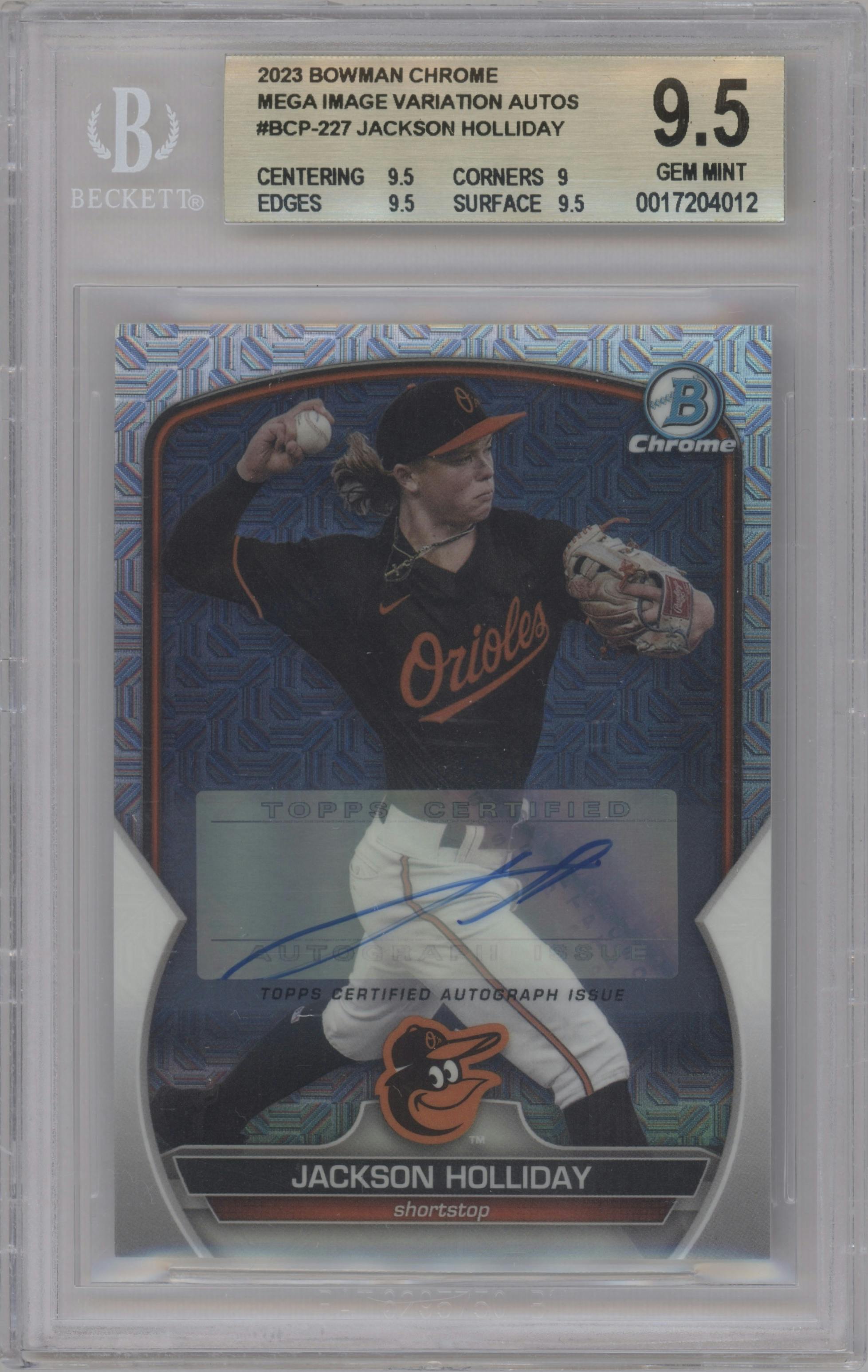 Jackson Holliday from the 2023 Bowman Chrome Mega Box set graded by Beckett and given an overall grade of 9.5.