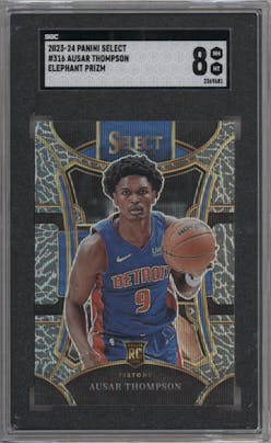 Ausar Thompson from the 2023-24 Panini Select  set featuring a Elephant Prizm parallel graded by SGC and given an overall grade of 8.