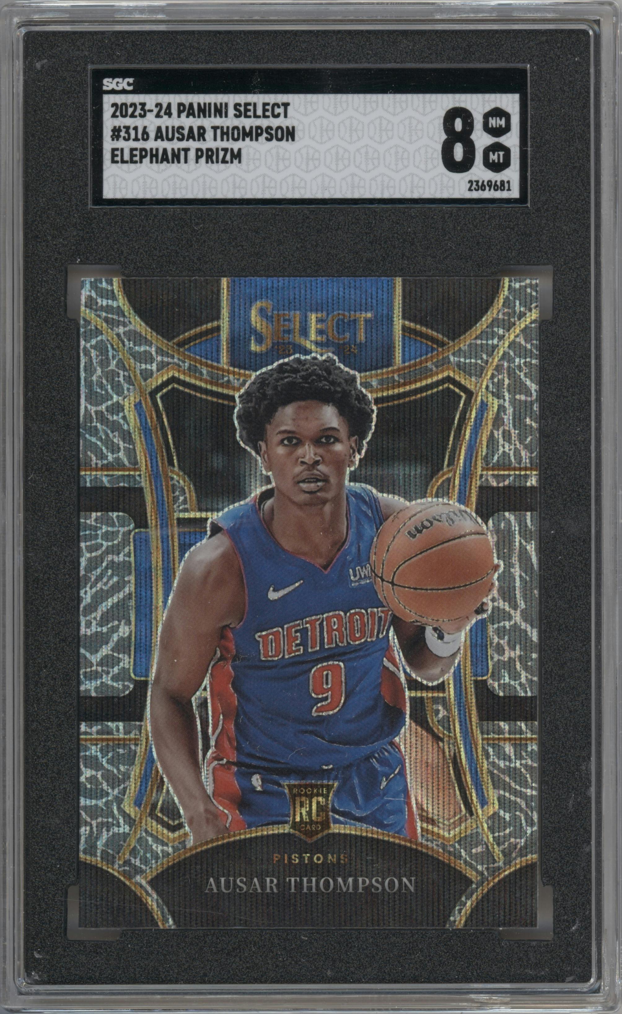 Ausar Thompson from the 2023-24 Panini Select  set featuring a Elephant Prizm parallel graded by SGC and given an overall grade of 8.