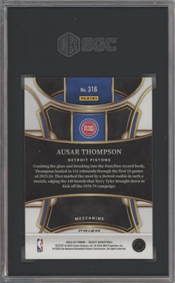 Ausar Thompson from the 2023-24 Panini Select  set featuring a Elephant Prizm parallel graded by SGC and given an overall grade of 8.