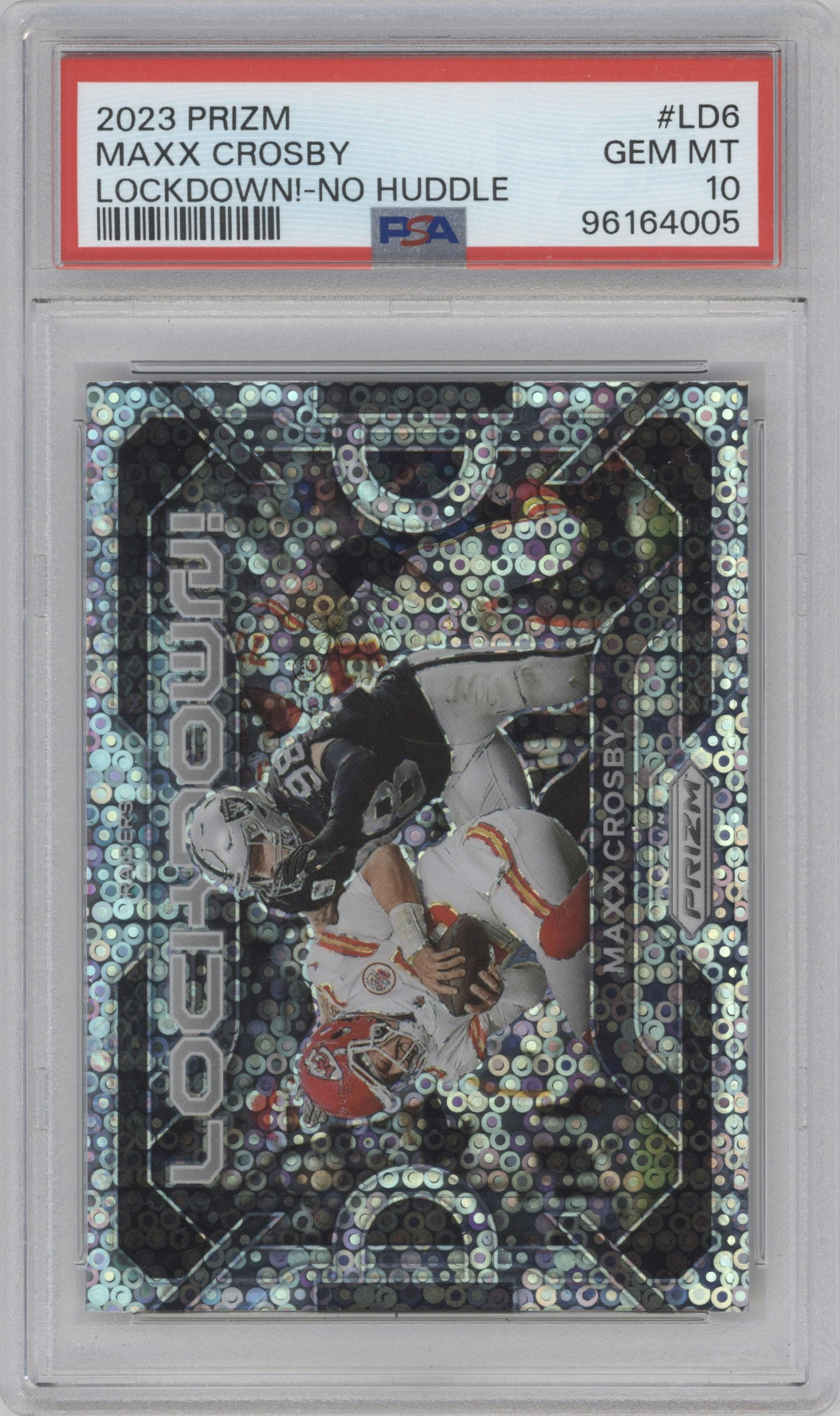 Maxx Crosby from the 2023 Panini Prizm set featuring a No Huddle parallel graded by PSA and given an overall grade of 10.