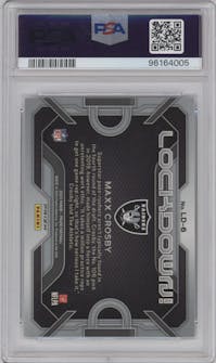 Maxx Crosby from the 2023 Panini Prizm set featuring a No Huddle parallel graded by PSA and given an overall grade of 10.