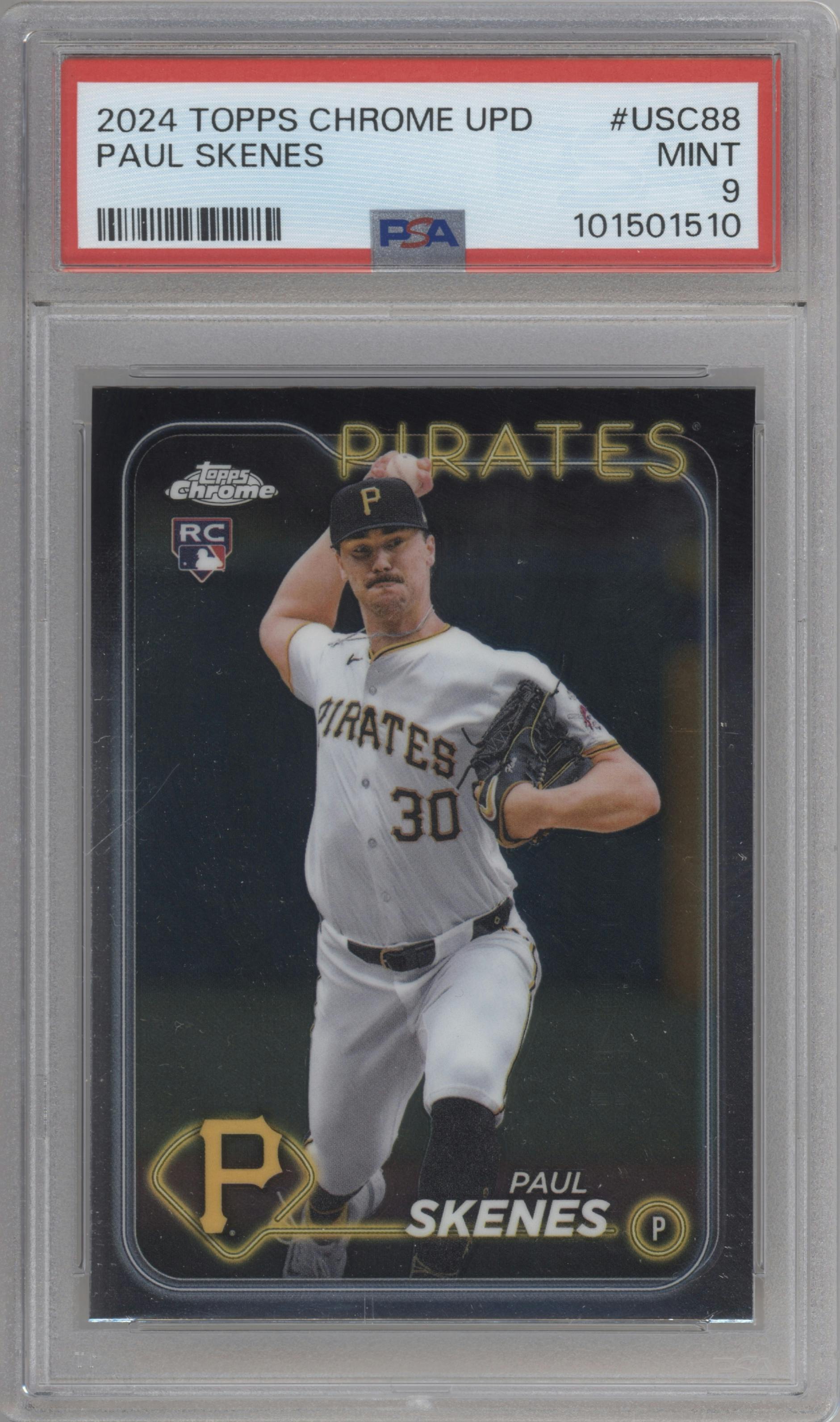 Paul Skenes from the 2024 Topps Chrome Update set graded by PSA and given an overall grade of 9.