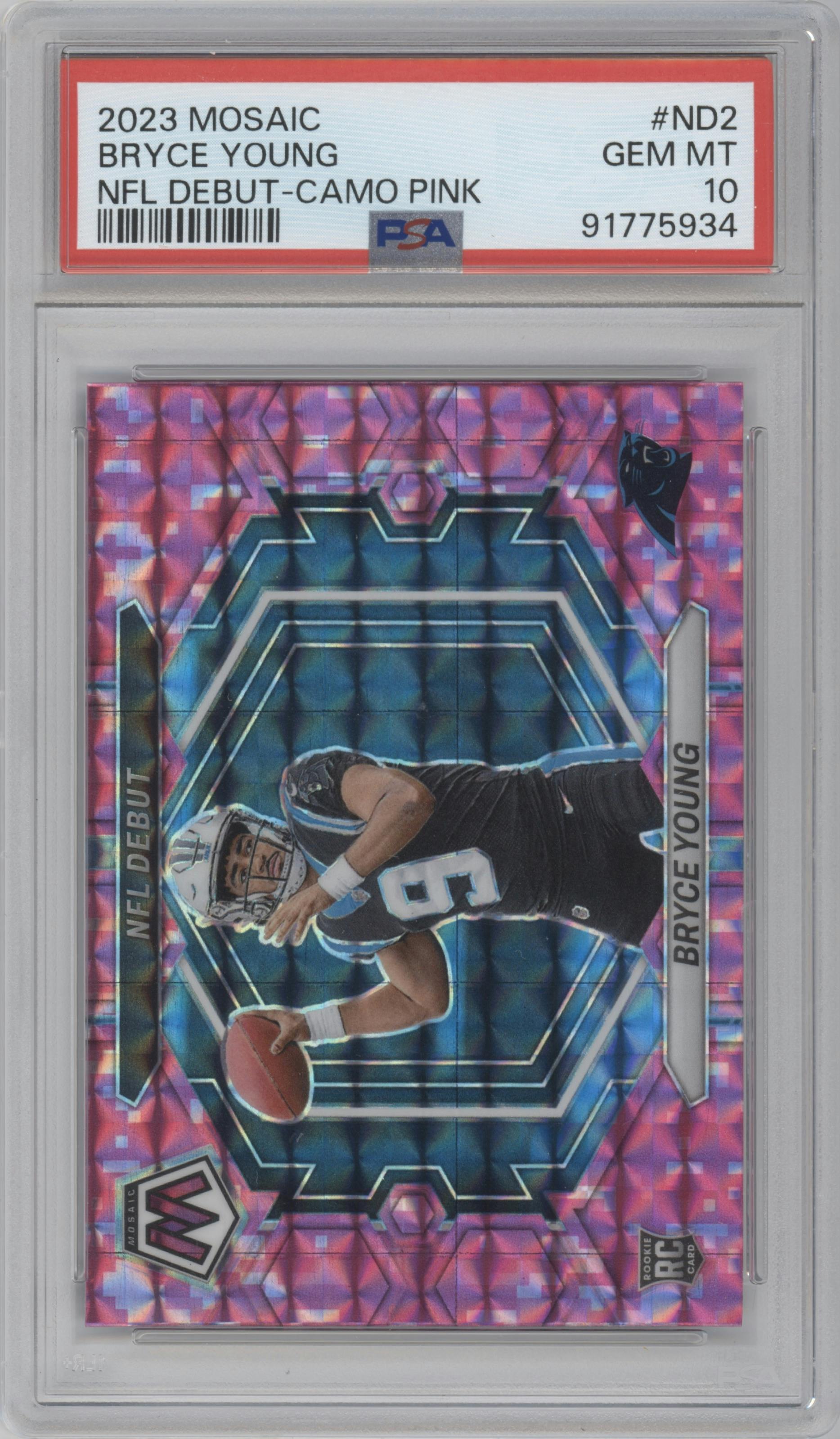 Bryce Young from the 2023 Panini Mosaic set featuring a Pink Camo parallel graded by PSA and given an overall grade of 10.