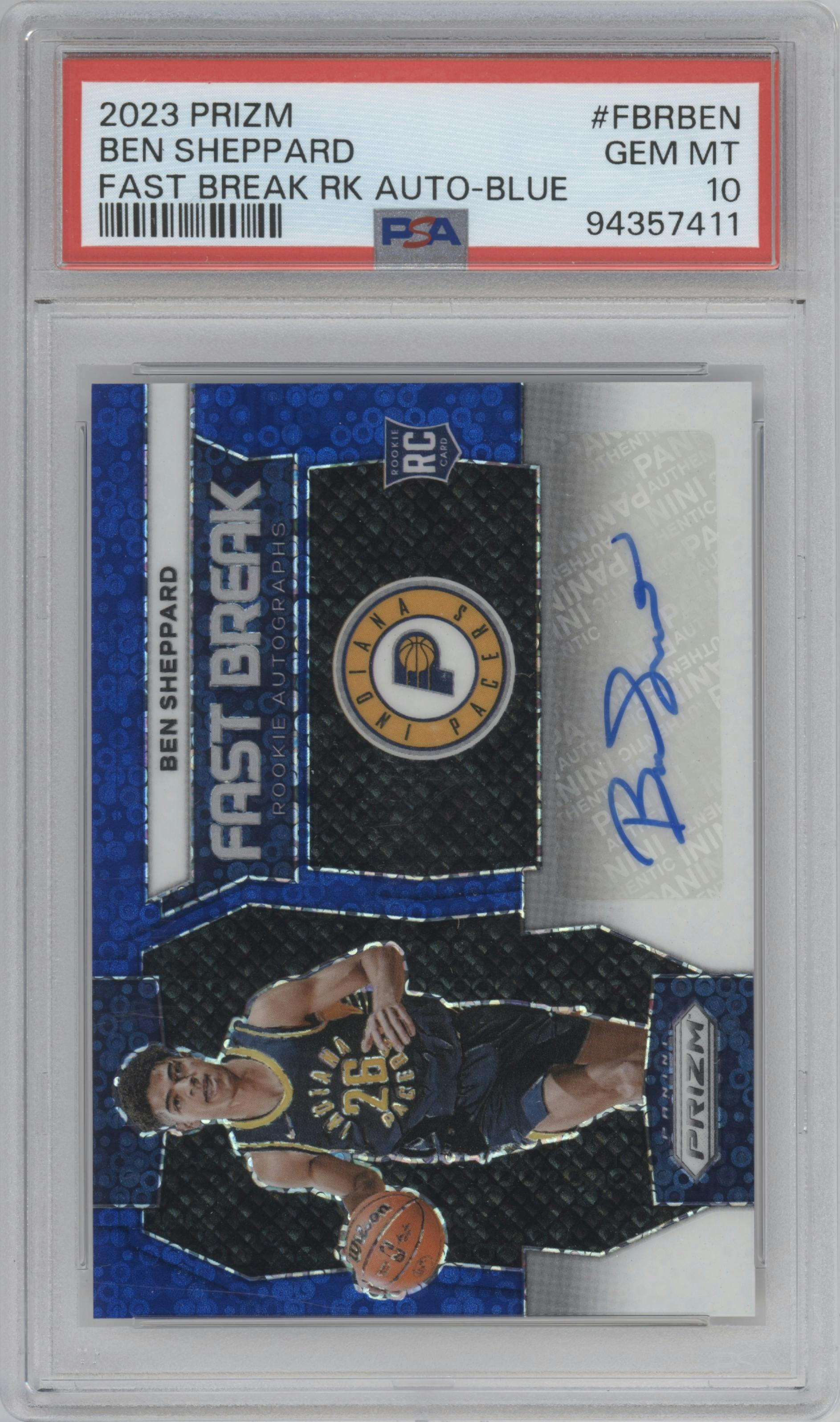 Ben Sheppard from the 2023-24 Panini Prizm set featuring a Blue parallel graded by PSA and given an overall grade of 10.