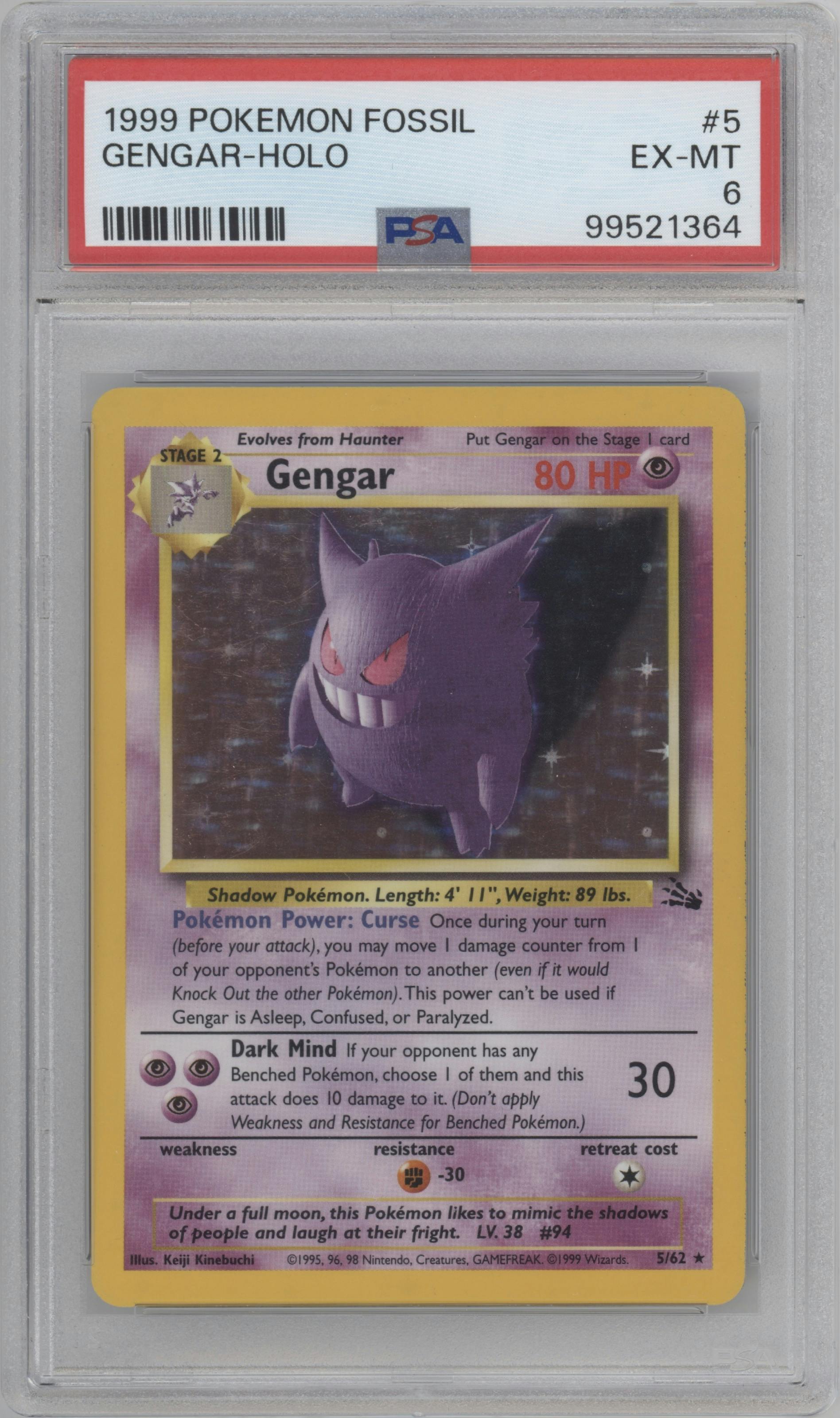 Gengar from the 1999 Pokemon set graded by PSA and given an overall grade of 6.