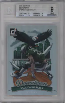 Saquon Barkley from the 2025 Panini Donruss set graded by Beckett and given an overall grade of 9.