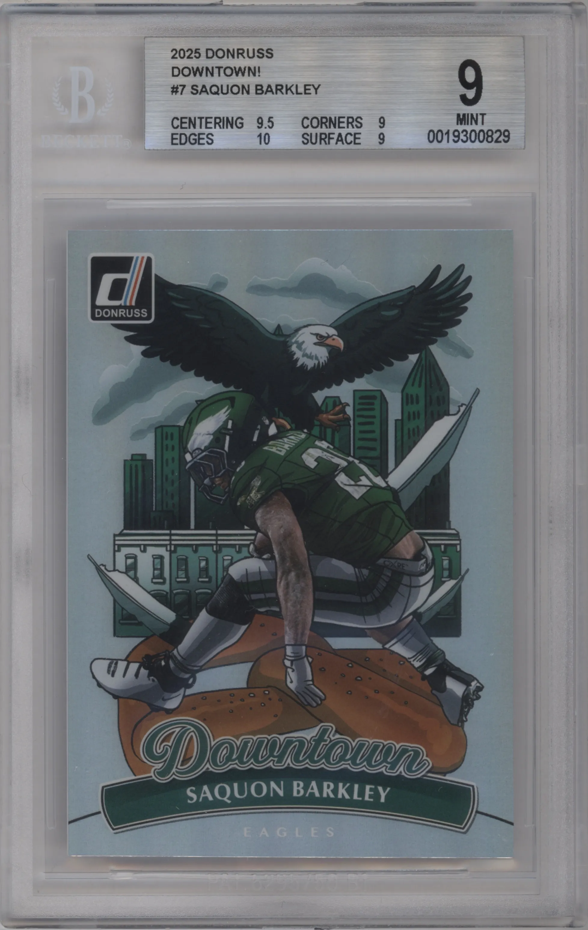 Saquon Barkley from the 2025 Panini Donruss set graded by Beckett and given an overall grade of 9.