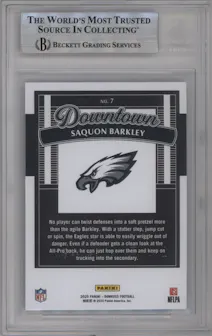 Saquon Barkley from the 2025 Panini Donruss set graded by Beckett and given an overall grade of 9.