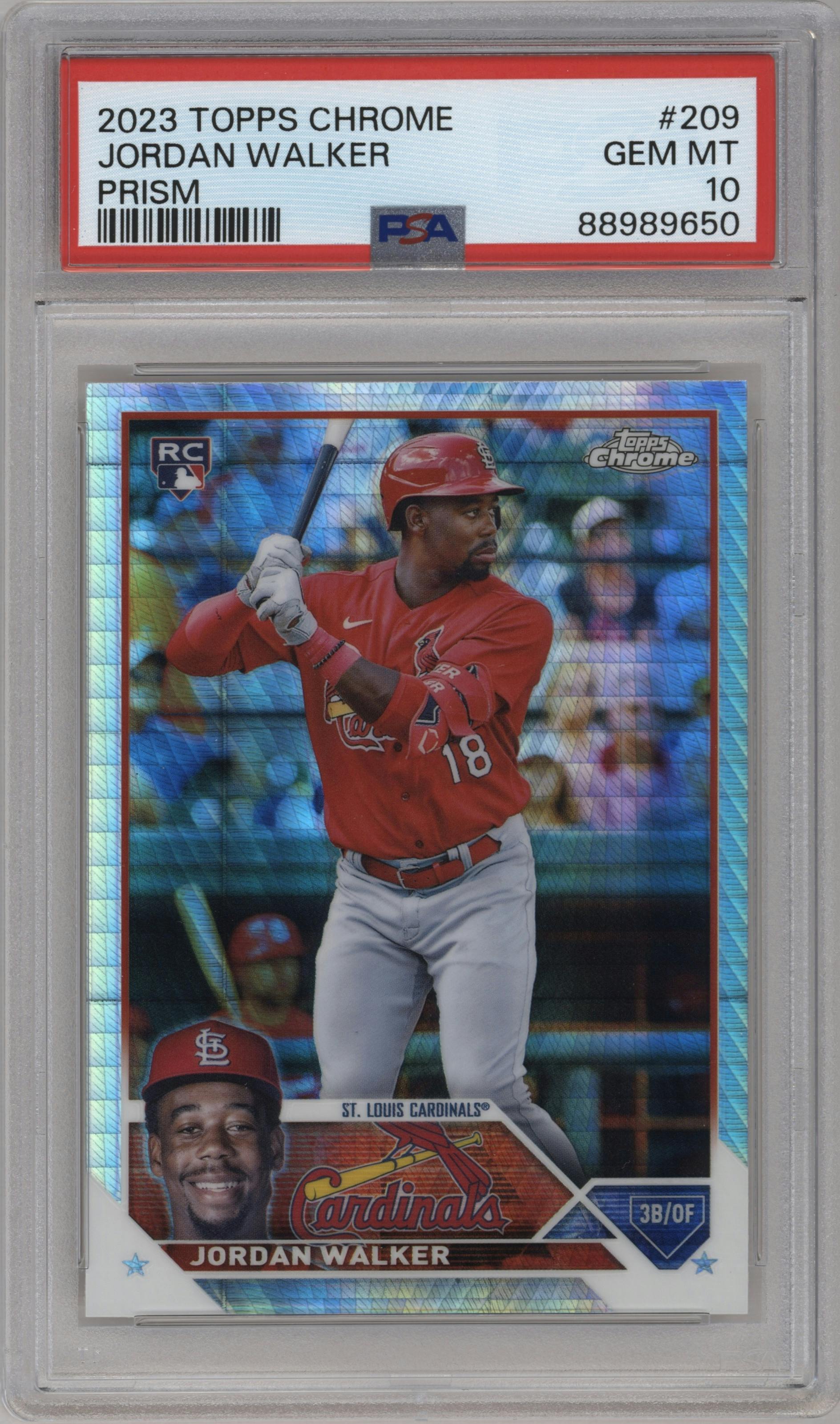 Jordan Walker from the 2023 Topps Chrome set featuring a Prism Refractor parallel graded by PSA and given an overall grade of 10.