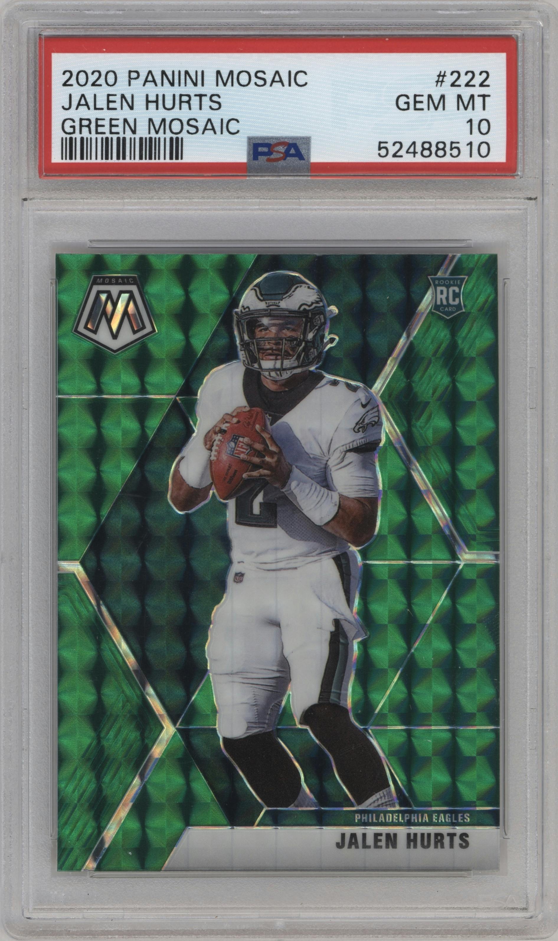 Jalen Hurts from the 2020 Panini Mosaic set featuring a Green Mosaic parallel graded by PSA and given an overall grade of 10.