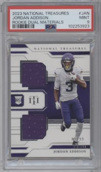 Jordan Addison from the 2023 Panini National Treasures set graded by PSA and given an overall grade of 9.