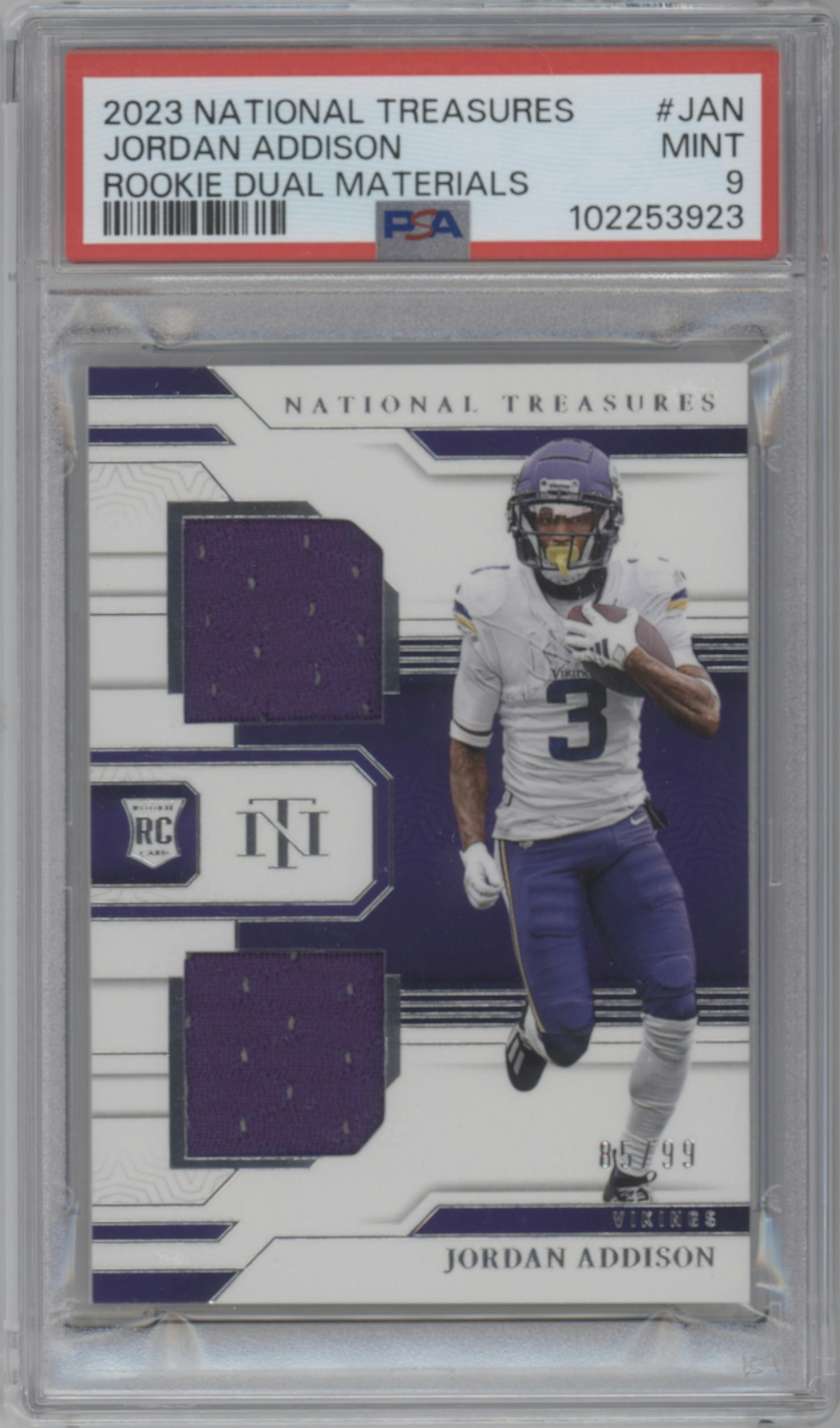 Jordan Addison from the 2023 Panini National Treasures set graded by PSA and given an overall grade of 9.