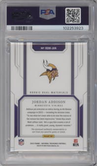 Jordan Addison from the 2023 Panini National Treasures set graded by PSA and given an overall grade of 9.