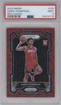 Amen Thompson from the 2023-24 Panini Prizm set featuring a Choice Red parallel graded by PSA and given an overall grade of 9.