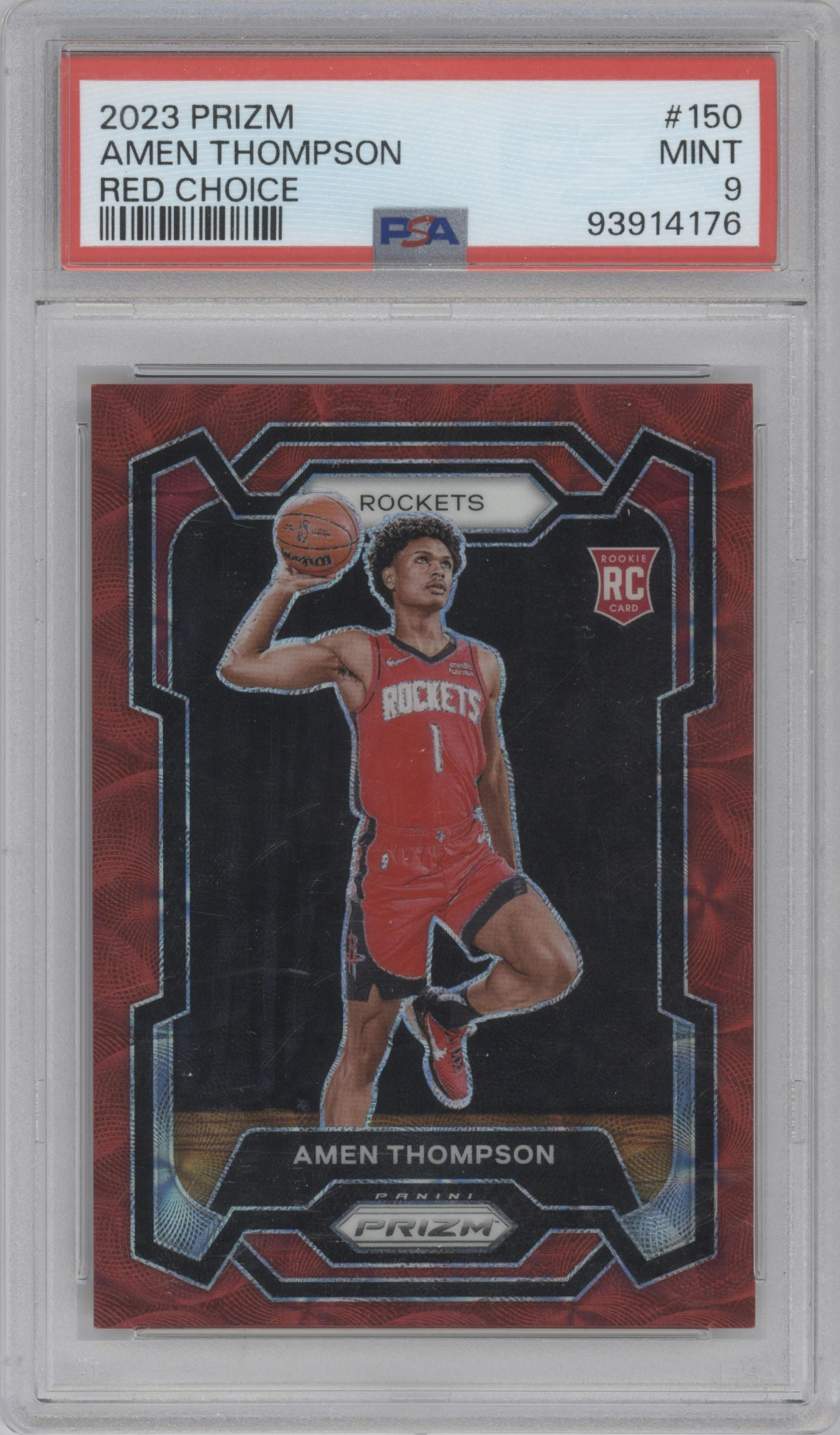 Amen Thompson from the 2023-24 Panini Prizm set featuring a Choice Red parallel graded by PSA and given an overall grade of 9.