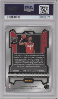Amen Thompson from the 2023-24 Panini Prizm set featuring a Choice Red parallel graded by PSA and given an overall grade of 9.