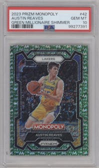 Austin Reaves from the 2023-24 Panini Prizm Monopoly set featuring a Green Millionaire Shimmer parallel graded by PSA and given an overall grade of 10.