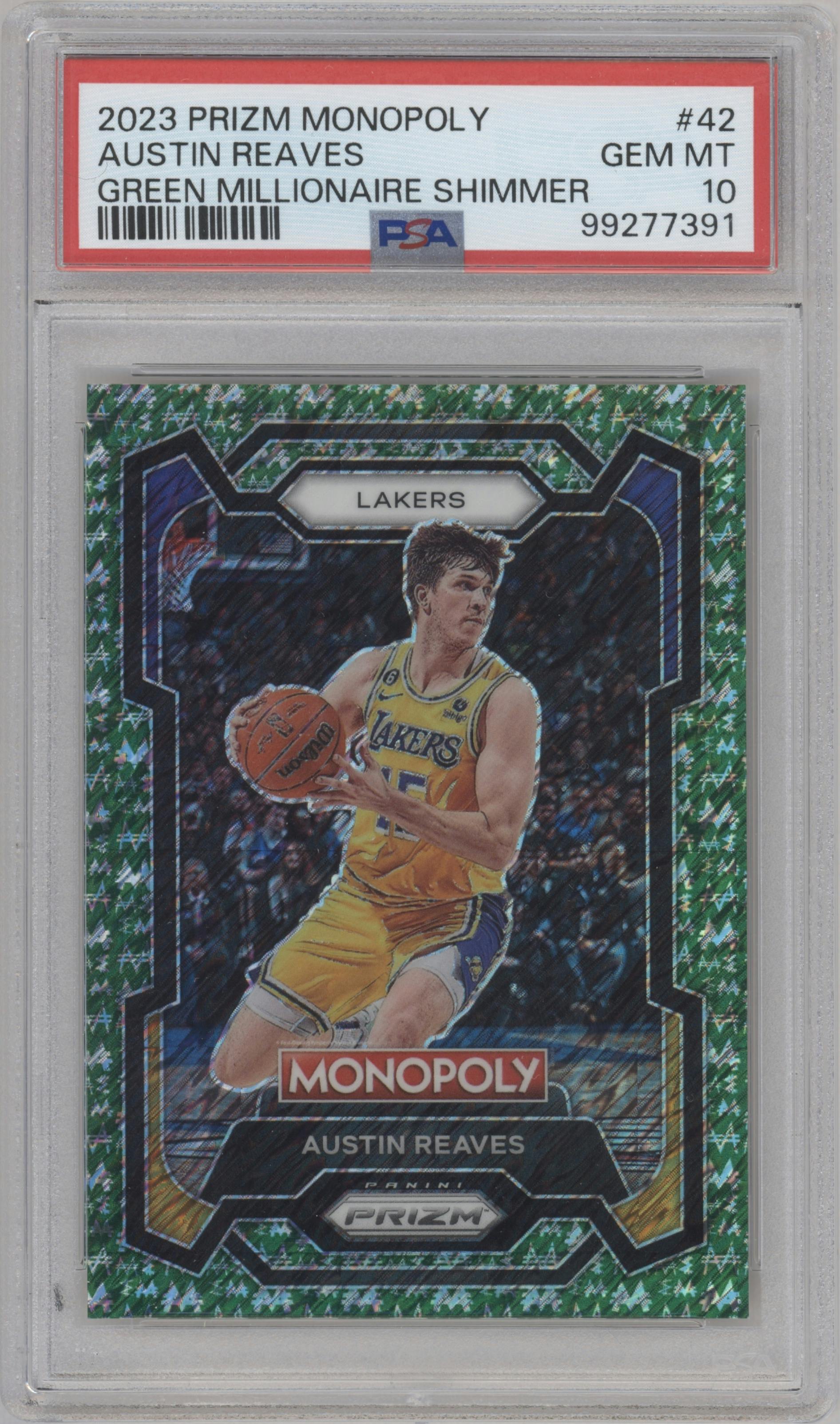 Austin Reaves from the 2023-24 Panini Prizm Monopoly set featuring a Green Millionaire Shimmer parallel graded by PSA and given an overall grade of 10.