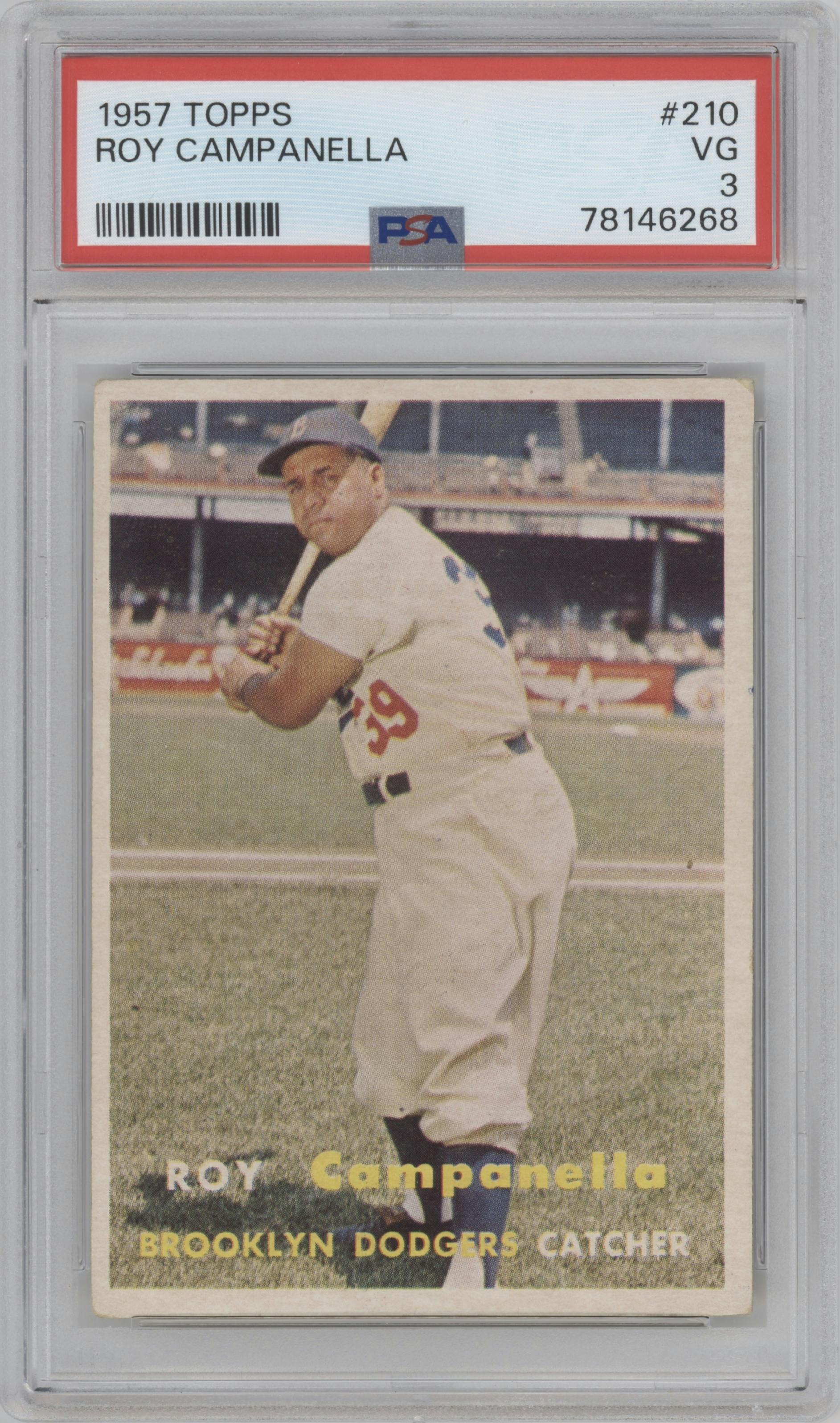Roy Campanella from the 1957 Topps set graded by PSA and given an overall grade of 3.