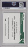 Larry Bird from the 2023-24 Topps Chrome Sapphire set featuring a Purple parallel graded by PSA and given an overall grade of 10.