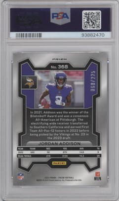 Jordan Addison from the 2023 Panini Prizm set featuring a Purple Ice parallel graded by PSA and given an overall grade of 10.