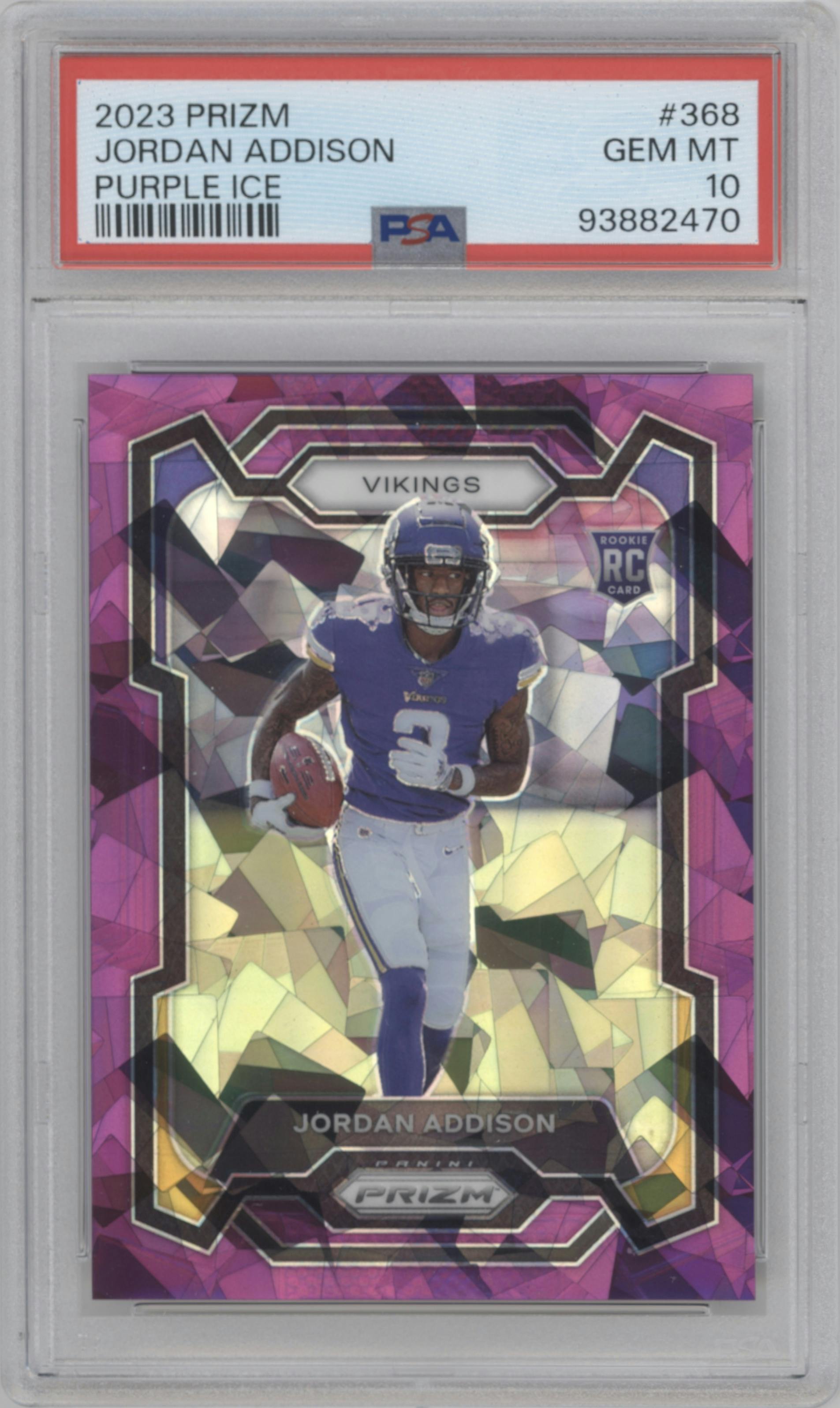 Jordan Addison from the 2023 Panini Prizm set featuring a Purple Ice parallel graded by PSA and given an overall grade of 10.