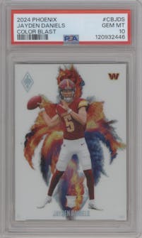 Jayden Daniels from the 2024 Panini Phoenix set graded by PSA and given an overall grade of 10.