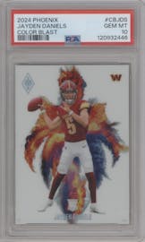 Jayden Daniels from the 2024 Panini Phoenix set graded by PSA and given an overall grade of 10.