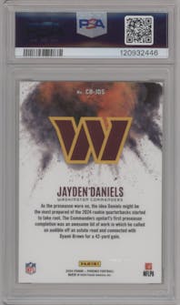 Jayden Daniels from the 2024 Panini Phoenix set graded by PSA and given an overall grade of 10.