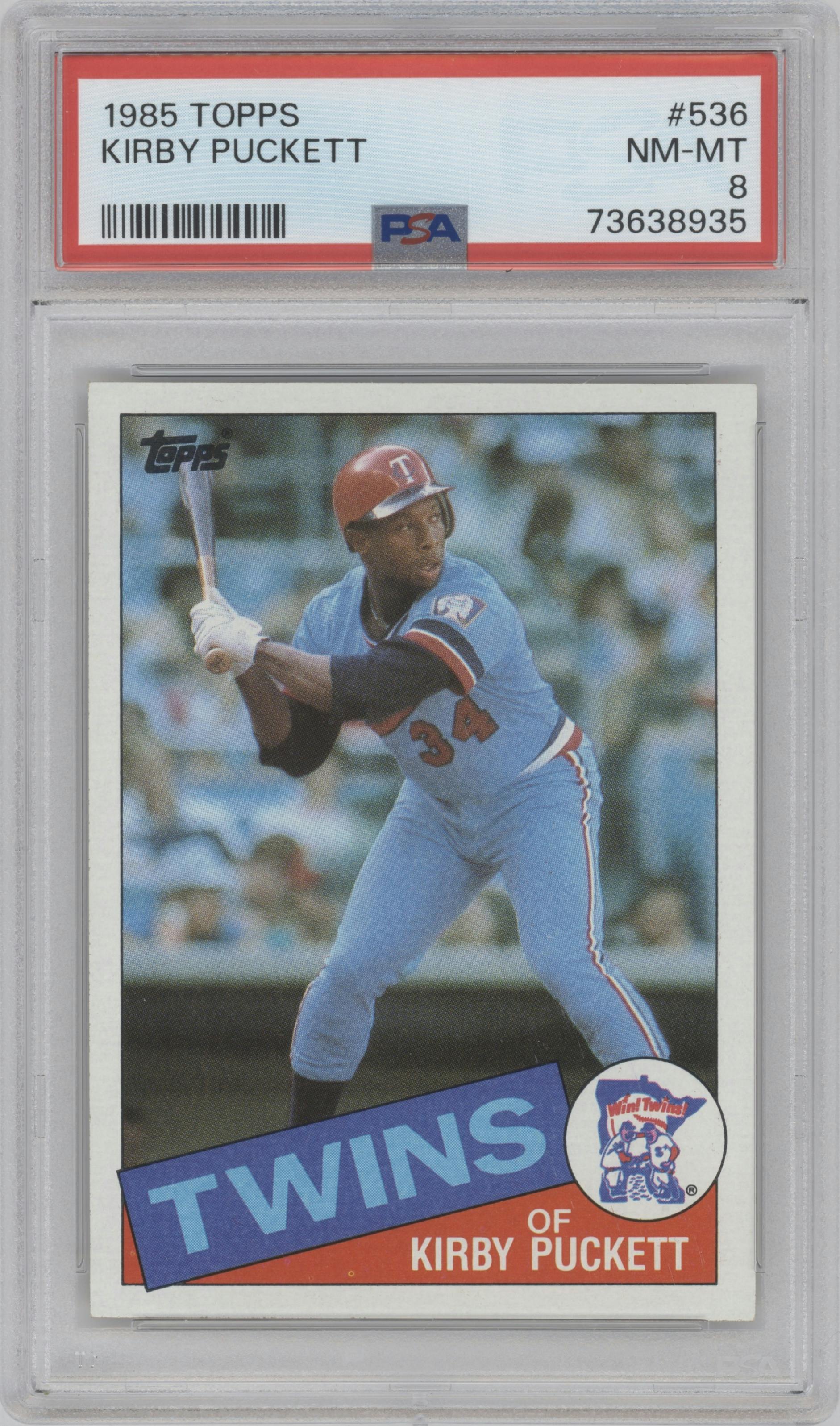 Kirby Puckett from the 1985 Topps set graded by PSA and given an overall grade of 8.