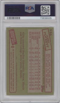 Kirby Puckett from the 1985 Topps set graded by PSA and given an overall grade of 8.