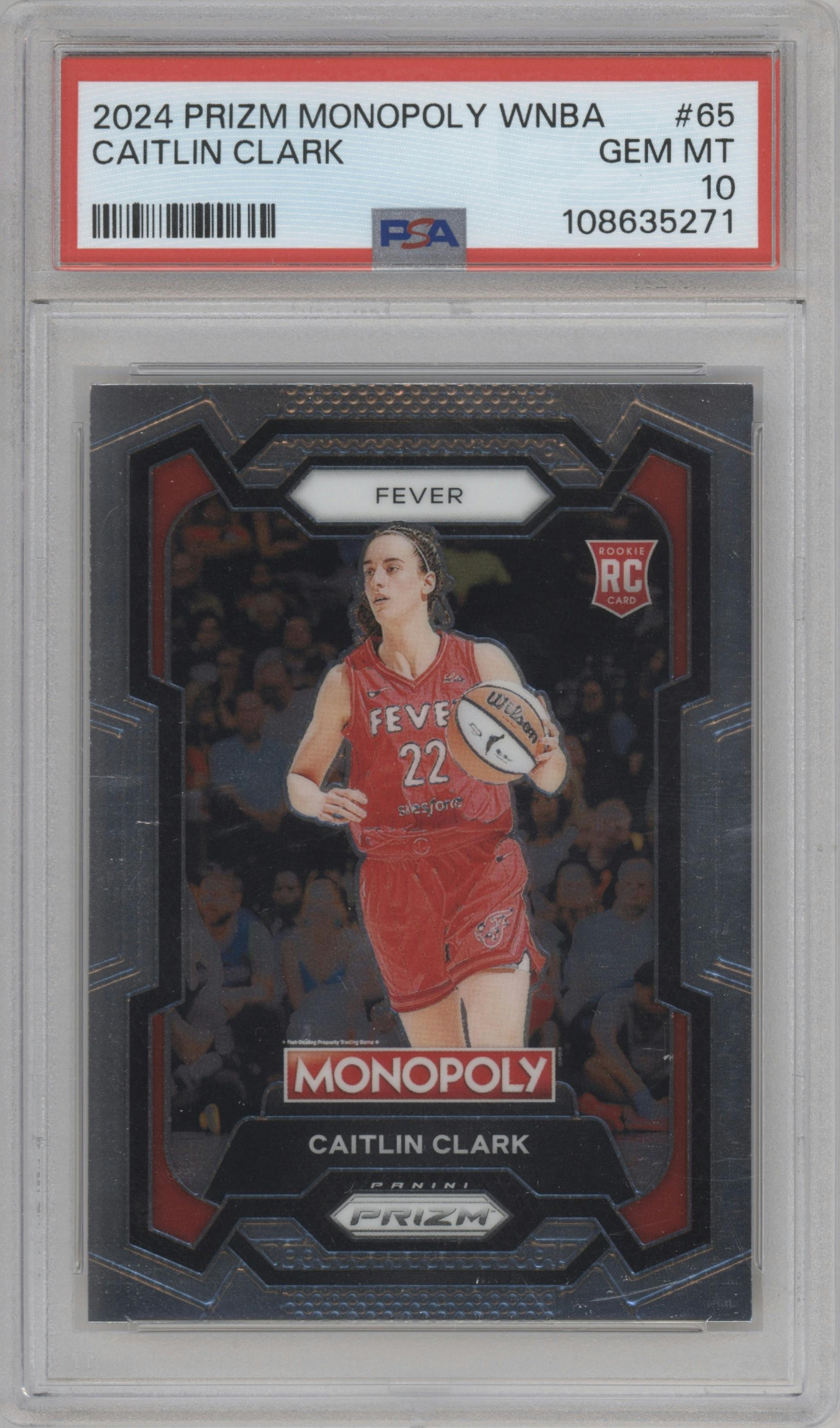 Caitlin Clark from the 2024 Panini Prizm Monopoly WNBA set graded by PSA and given an overall grade of 10.